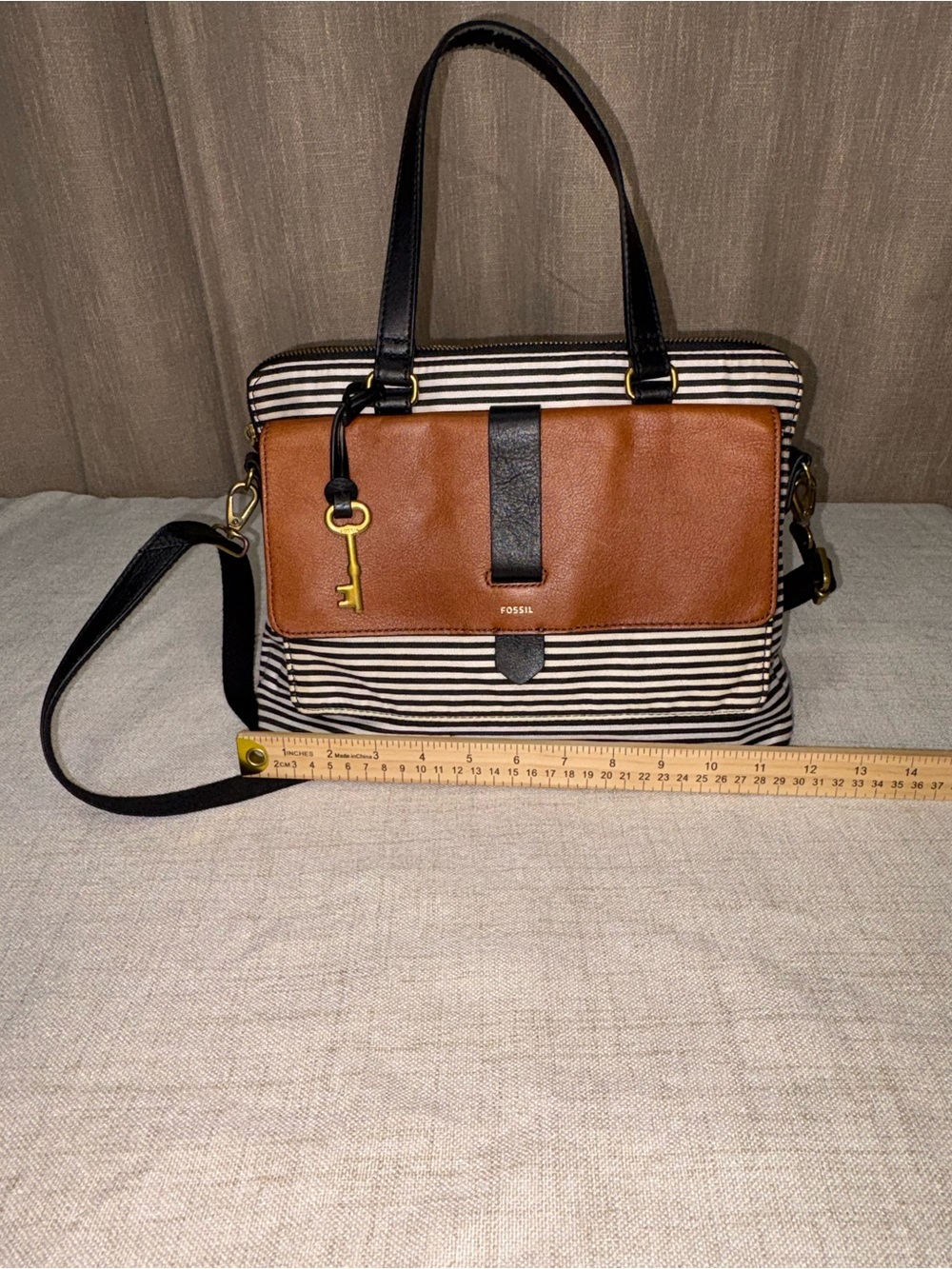 Fossil Kinley Striped Fabric & Brown Leather Satchel Crossbody Bag